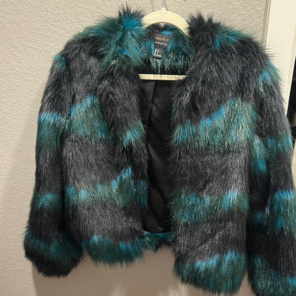 Faux Fur Jacket in Black and Teal